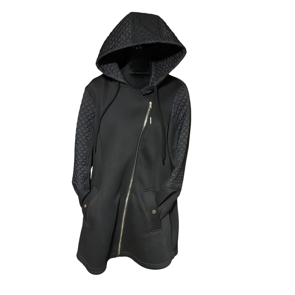 Michael Michael Kors Jacket 1X Black Quilted Scuba Asymmetrical Back Zip Hooded